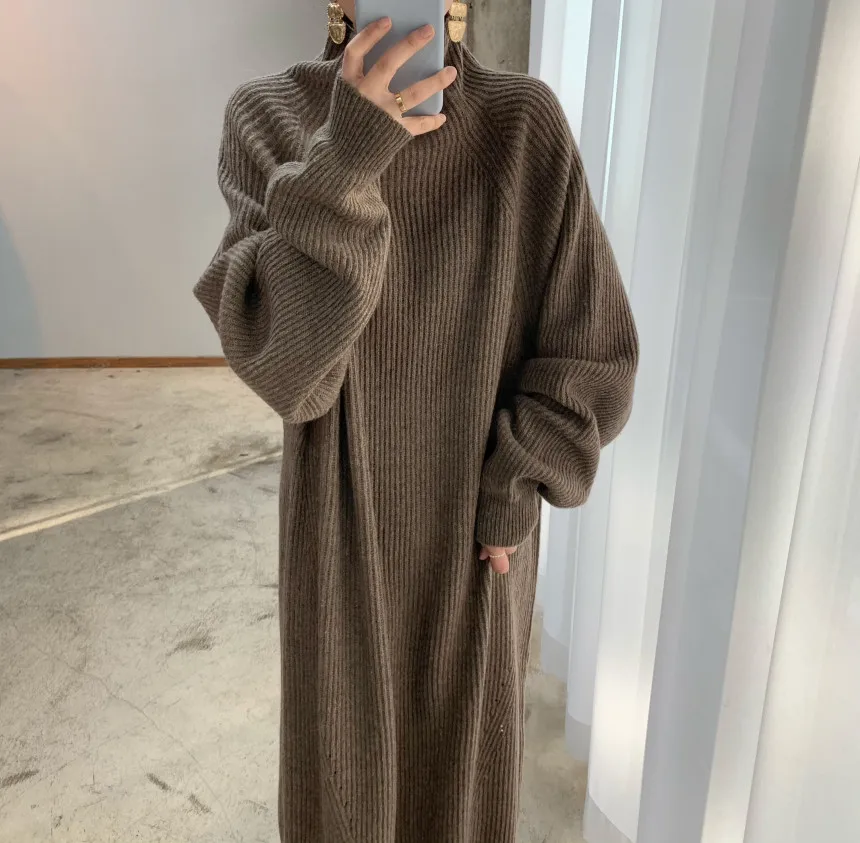 

Winter Thicken Knitted Dress Women Elegant 2023 Autumn Turtleneck Loose Long Woolen Dresses Vestido Ladies Korean Knit Clothing