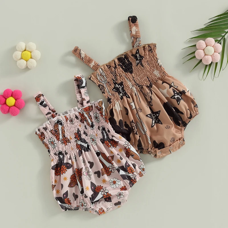 

Модные летние комбинезоны для новорожденных девочек, 2 цвета, комбинезоны для малышей с цветочным принтом крупного рогатого скота, без рукавов, с круглым вырезом, комбинезоны, одежда