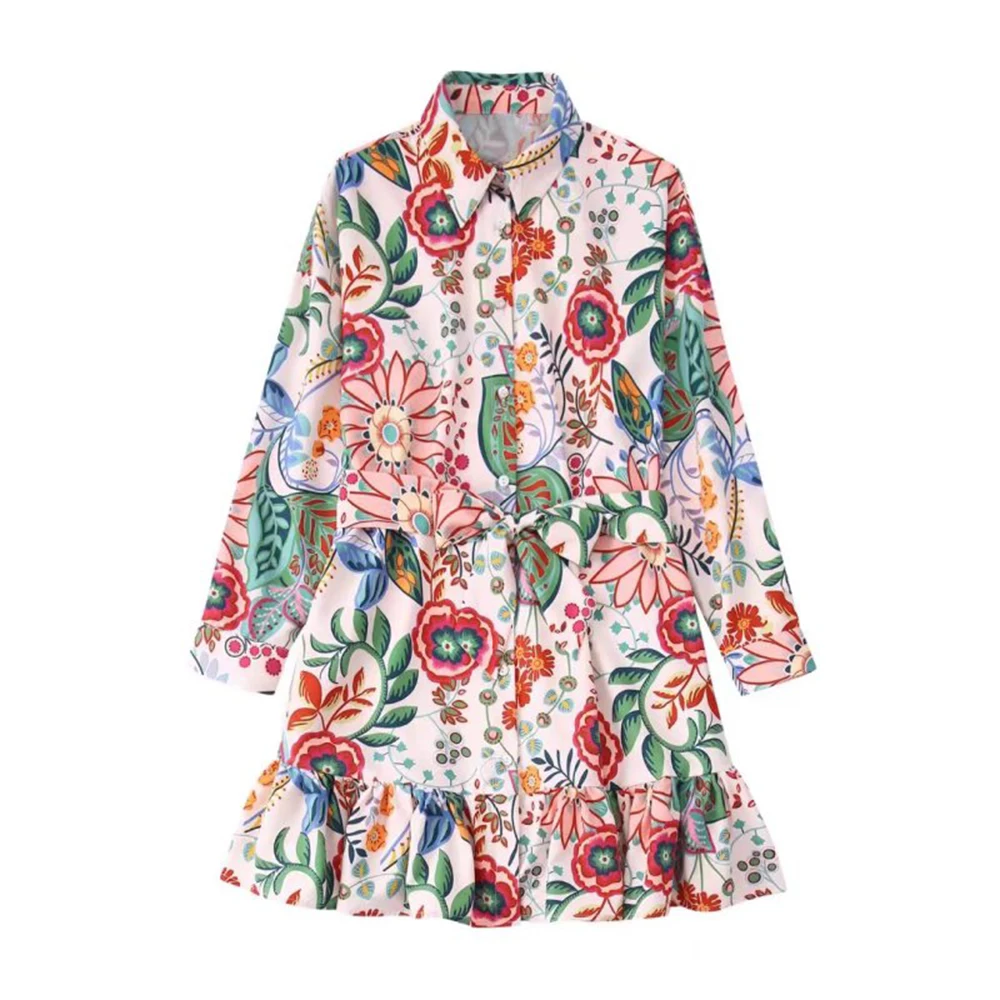 

Женское платье-рубашка с цветочным принтом, однобортное повседневное модное платье составного кроя с отложным воротником и длинным рукаво...