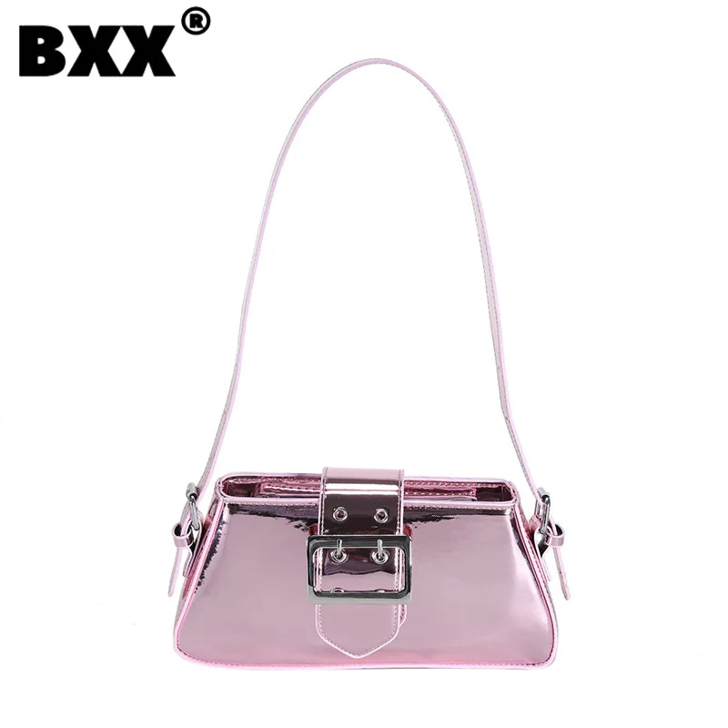 

[BXX] Portable Patent Leather Pink Sweet Style Cool Women's Bags 2023 Niche Design Fashion Locomotive Underarm Package 8CY505