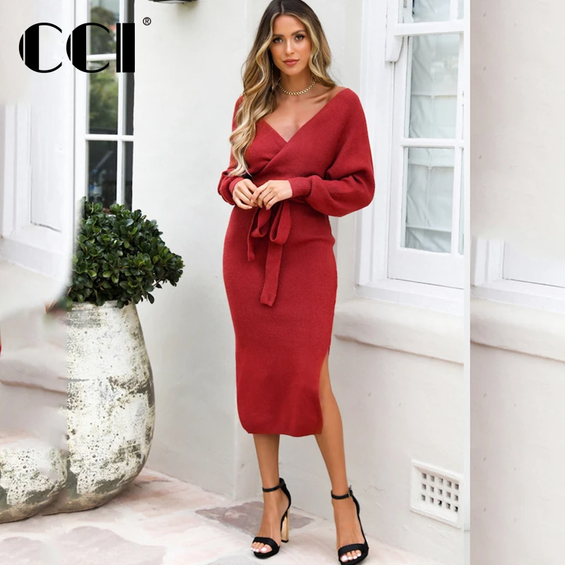 

Женские платья с V-образным вырезом CCI, осенне-зимние однотонные платья в рубчик с длинным рукавом, повседневные свободные платья с поясом ...