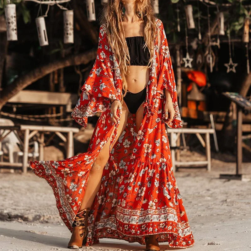

2022 Summer New Women's Shawl Temperament Elegant And Sexy Long-sleeved High-waisted Length Bohemian Holiday Beach Print Dress