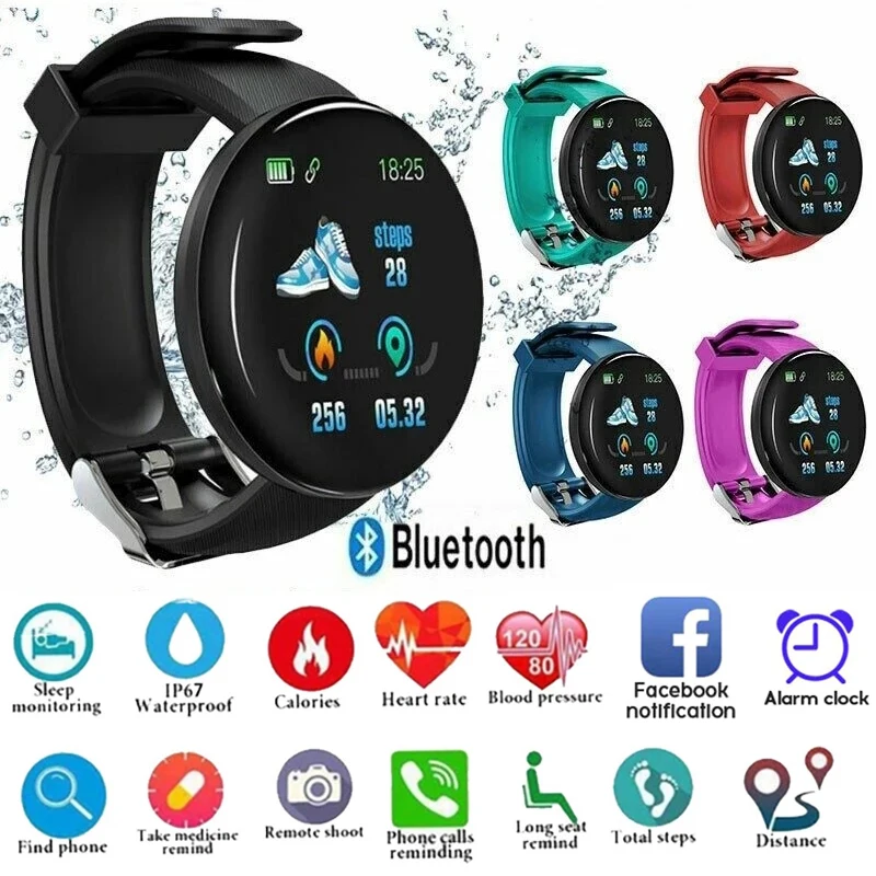 

Умные часы D18 для мужчин и женщин, водонепроницаемые Смарт-часы с тонометром, пульсометром, фитнес-трекером, спортивные часы для iOS и Android