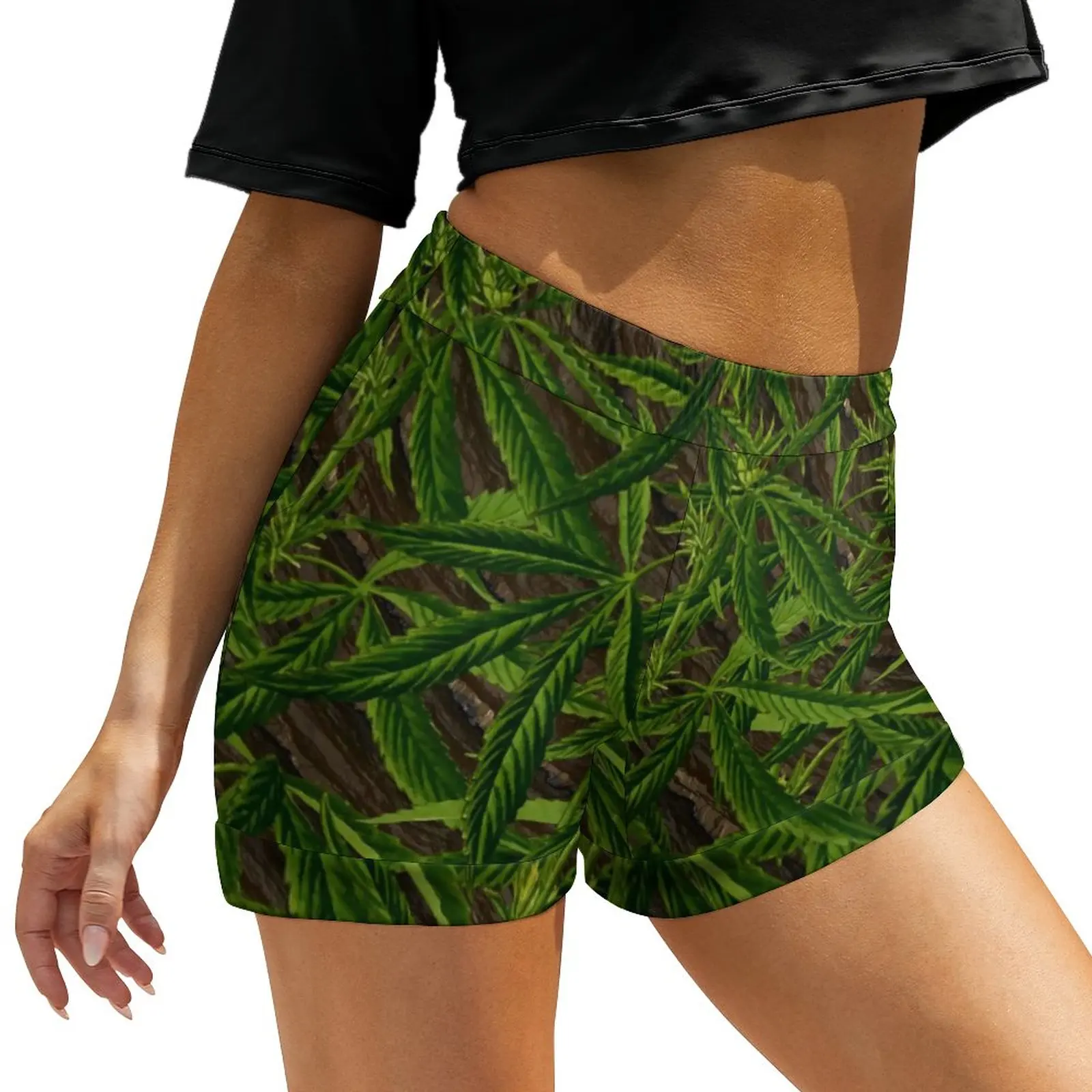

Weed Leaves on Wood Shorts Elastic Waist Green and Brown Jungle Cool Printed Shorts Summer Street Elegant Oversized Short Pants