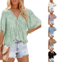 2022 summer new womens v neck cardigan five point sleeve shirt fashion solid color top