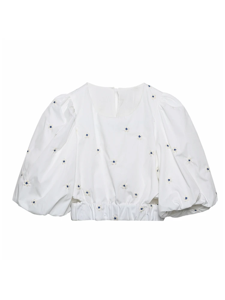 

Женская модная короткая блузка с цветочной вышивкой, Женская плиссированная эластичная рубашка с рукавами-фонариками на подоле, шикарные укороченные топы