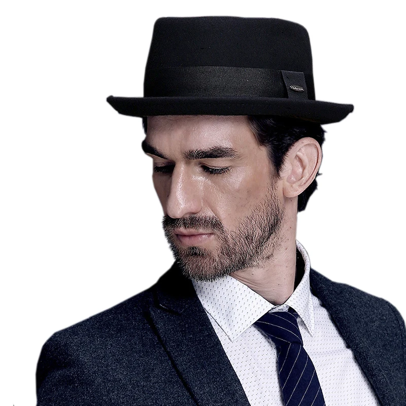 New Luxury Cap For Men Classic Wool Felt Pork Pie Fedora HatWinter Curved Brim Women Church Hat Ribbon Cylinder Hat Dropshipping