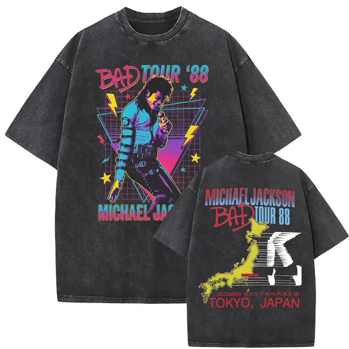 Фото Винтажные футболки с эффектом потертости King of Pop Bad Tour '88 Майкл Джексон, ретро-футболки 80-х годов, концертные футболки для мужчин и женщин, высококачественные повседневные хлопковые футболки №1