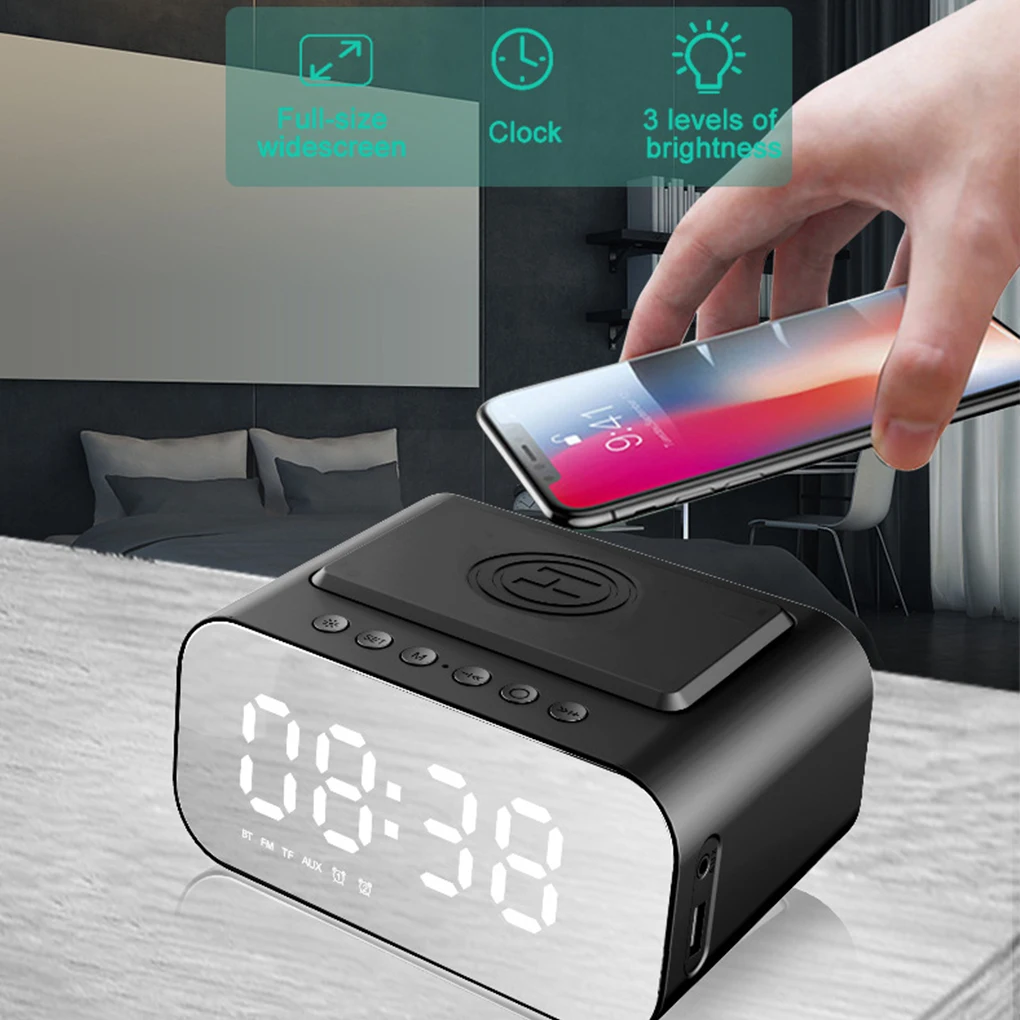 Цифровой будильник с беспроводной зарядкой Bluetooth-колонка зеркальный декор для