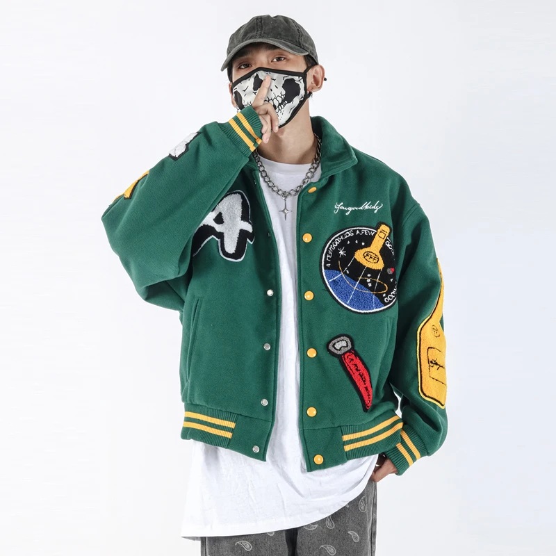 Loose Couple Streetwear Baseball Jacket Men Green Rocket Embroidered Patch Bomber Jacket College Style Harajuku Casual