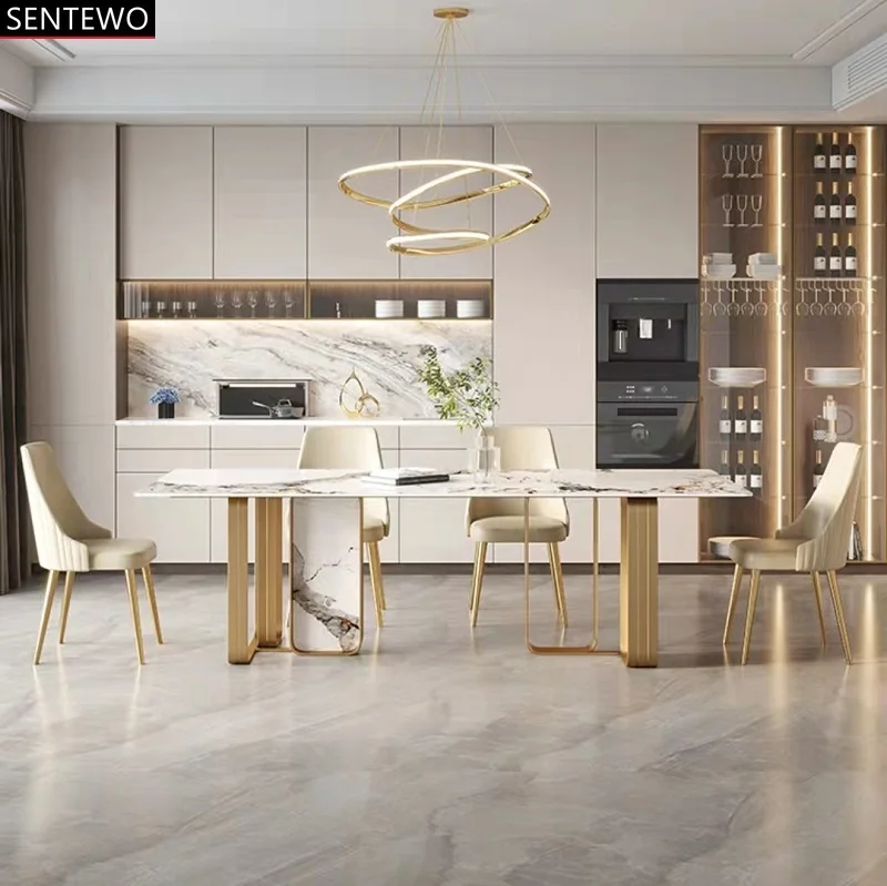 

SENTEWO Free Shipping Rock Slab Dining Table Set 4 Chairs Italian Luxury Stainless Steel Gold Frame Kitchen Dinner Tables Chair