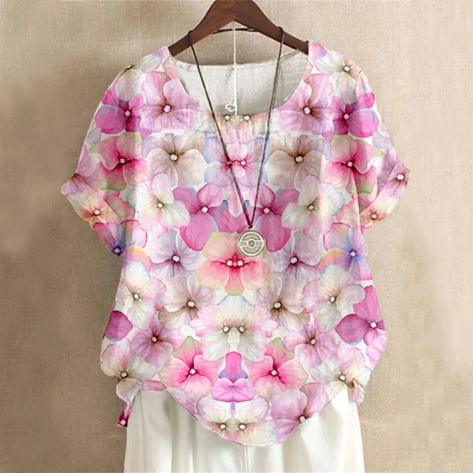 

Womens Pink Gradient Floral Print Short Sleeve Cotton Linen Top Vacation Ladies Lounging Outfits White Lace Tee Shirts for Women
