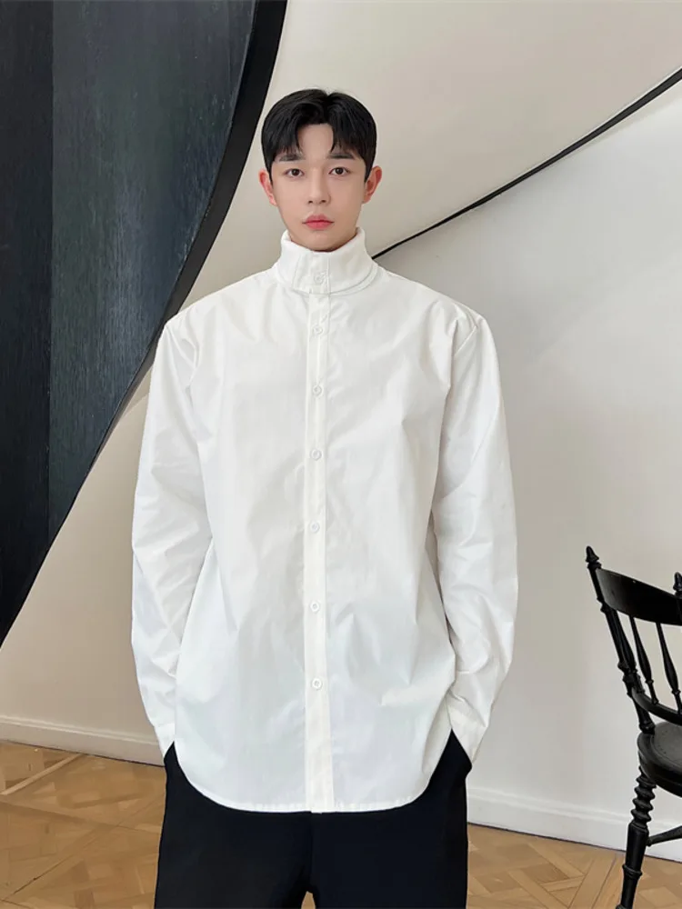 

SYUHGFA 2023 Autumn Turn Down Turtleneck Long Sleeve Solid Color Shirt For Men Single Breasted Loose Korean Shirt Men Clothing
