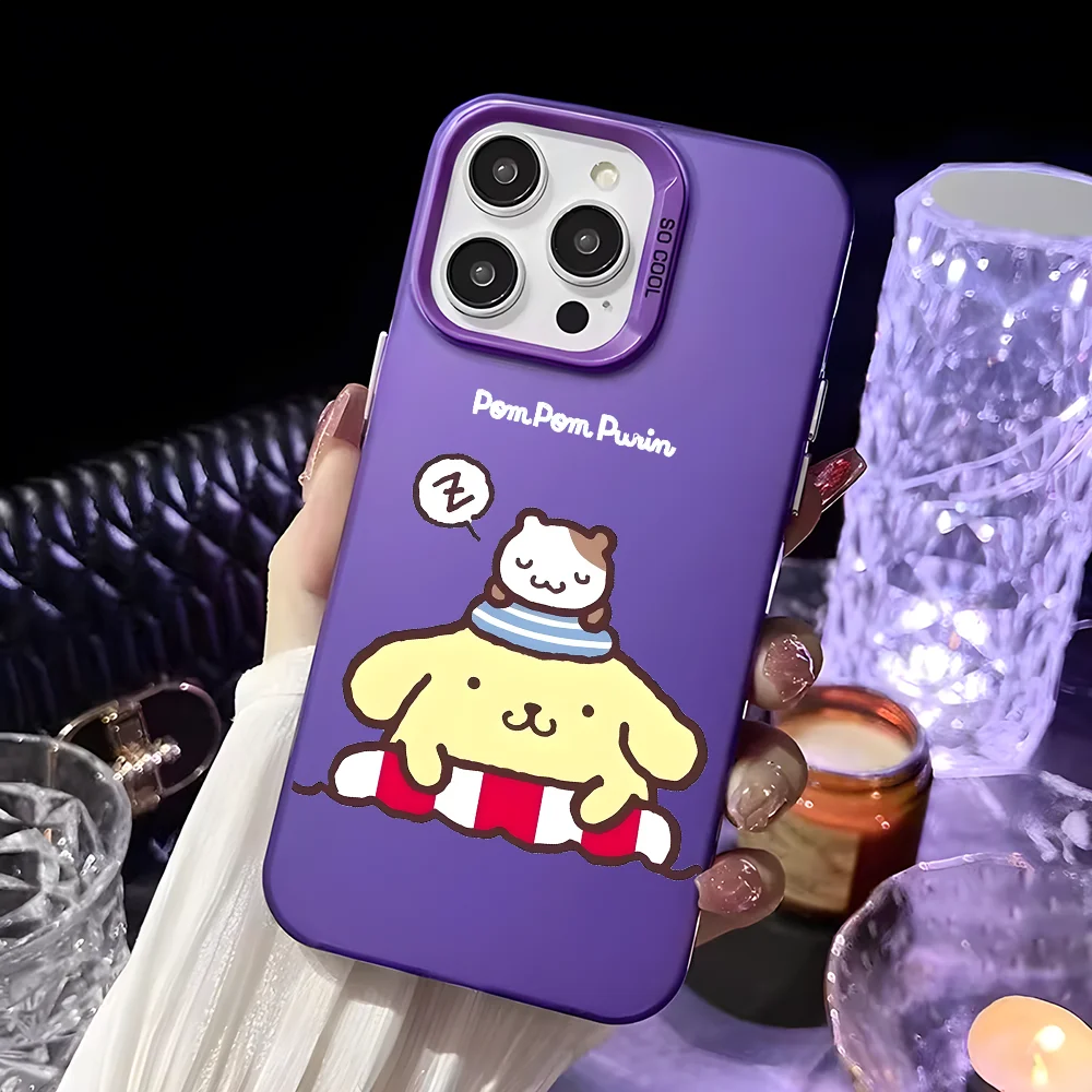 Чехол для телефона MINISO Saniro Pom Purin iPhone 16 15 14 13 12 11 Pro Max черный фиолетовый матовый