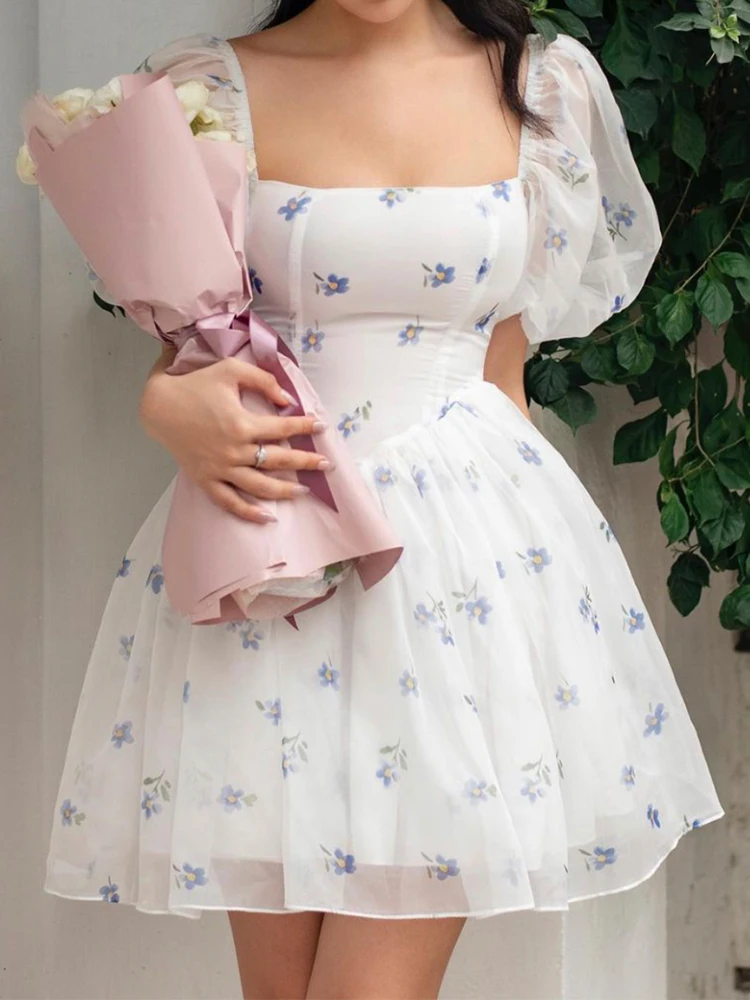

2022 Fashion Women Flower Print Organza Dress Vintage Puff Sleeve Sweet Ladies Elegant Dress Holiday Summer Vestido Fairy Robe