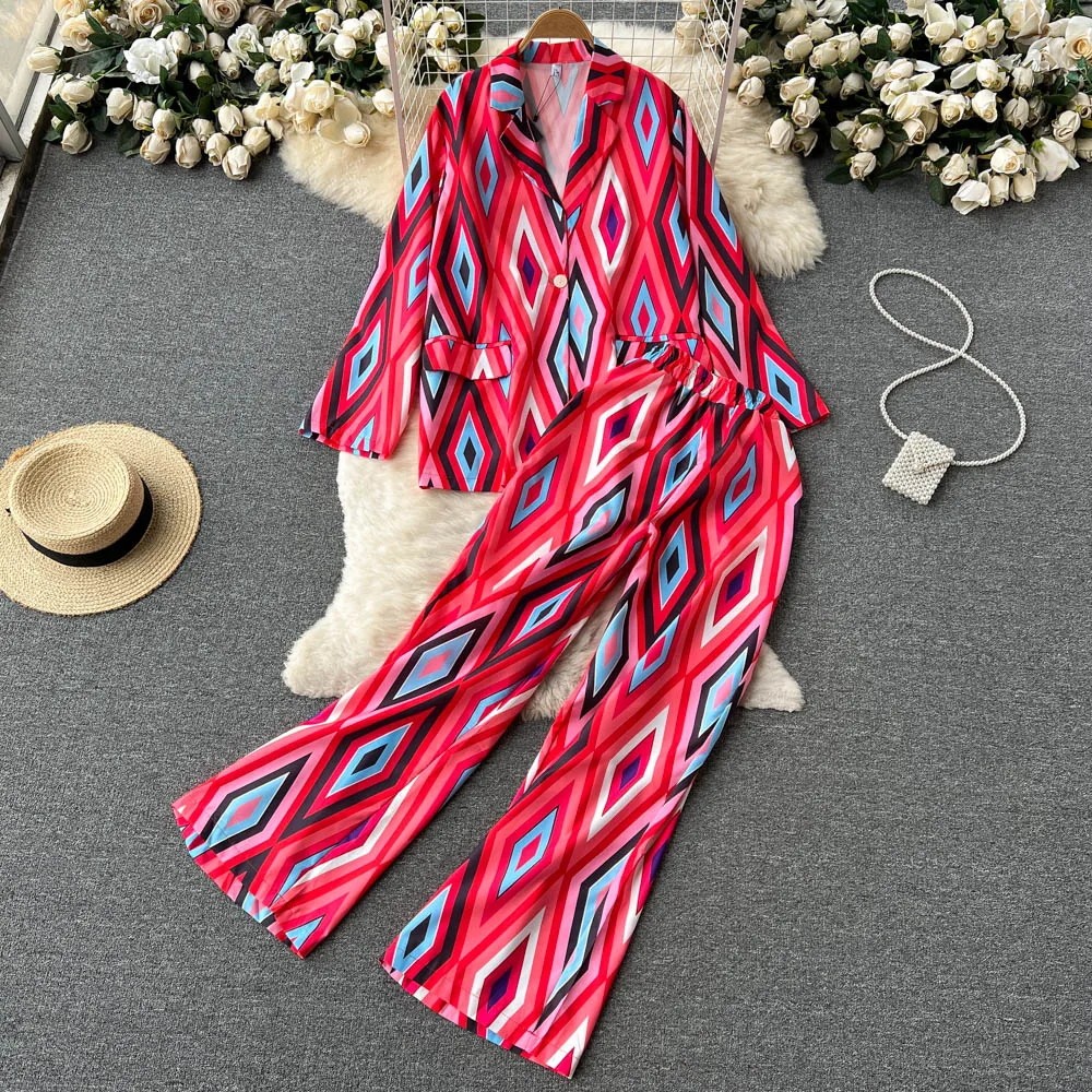 

Модный костюм, новинка 2022, повседневный свободный пиджак с длинными рукавами и принтом в европейском и американском стиле, брюки с широкими ...