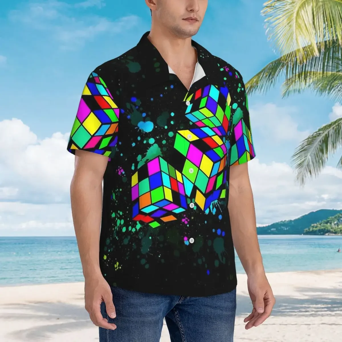 Фото Рубашки в гавайском стиле Rubix Rubiks Rubics, модные мужские рубашки с коротким рукавом для лета и пляжа, мужские топы с лацканами №1