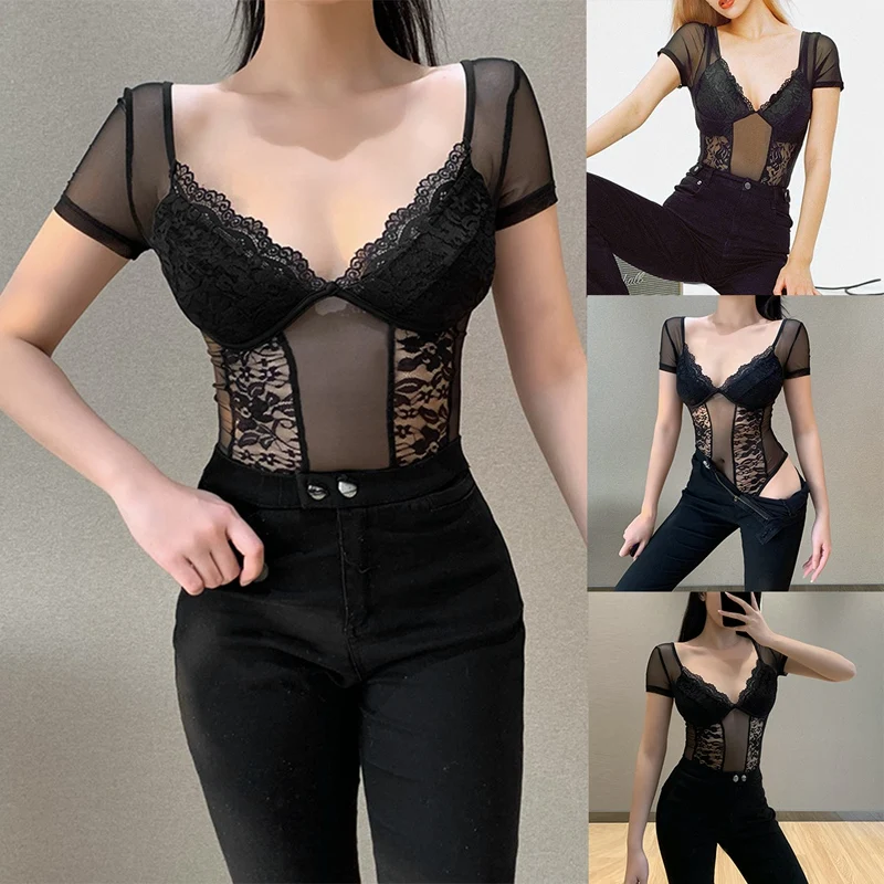 

Summer Lace Micro-Transparent Corset Jumpsuit Retro Stitching V-Neck Sexy Bodysuit