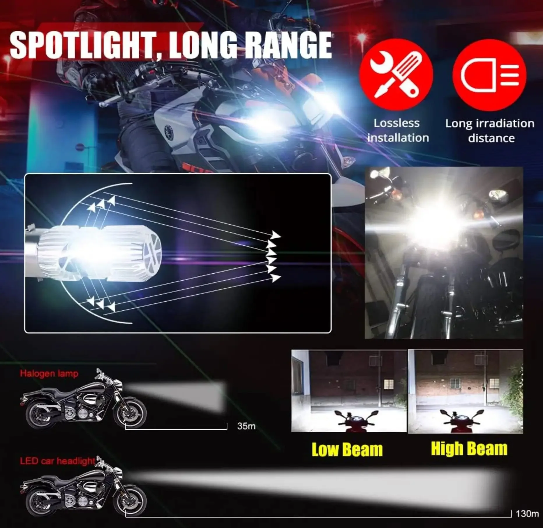 Фото Светодиодная лампа для мотоцикла H4 BA20D, 12-85В, 8xCSP LED чипов, белый свет, ближний/дальний свет, комплект для мотоциклов и автомобилей. №4