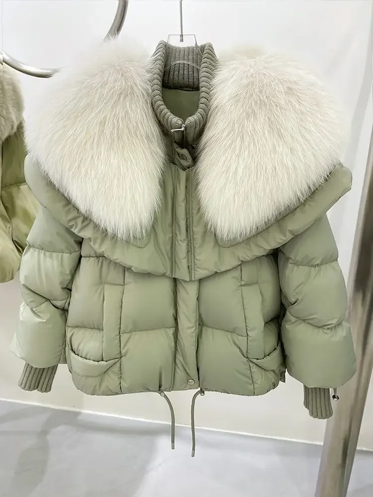 Женский пуховик с воротником из лисьего меха короткая зимняя куртка новинка 2024