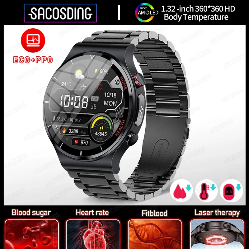 

2023 New ECG+PPG Smartwatch Blood Sugar Blood Pressure Body Temperature Health Monitoring Smart Watch for Men Women Clock IP68