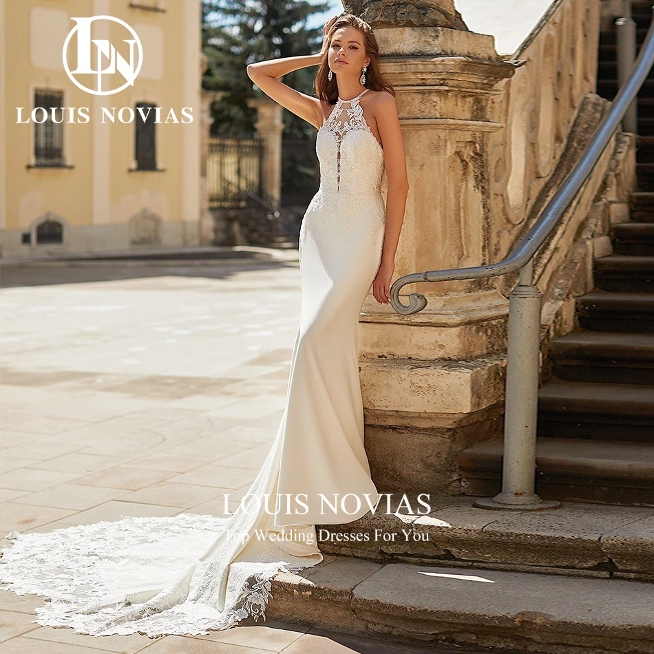 

Женское свадебное платье с юбкой-годе LOUIS NOVIAS, Белое Атласное платье без рукавов с круглым вырезом, вышивкой и вырезами, 2023
