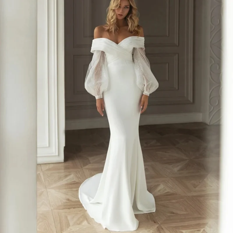

Оптовая продажа, свадебные платья с длинными рукавами-фонариками и юбкой-годе, 2023 атласные свадебные платья принцессы с открытыми плечами и шлейфом
