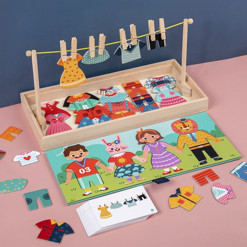 

Kids Drying Rack Clothes Dress-Up Jigsaw Puzzle Logical Thinking Matching Sorting Girls Educational Game Montessori Wooden Toys