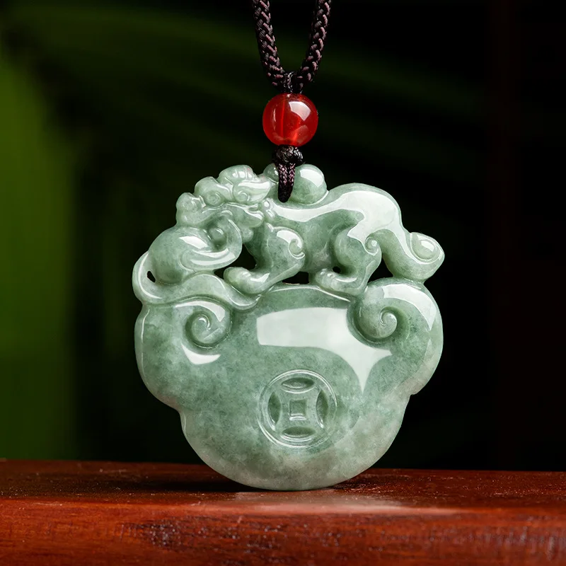 

Burmese Jade Pixiu Pendant Jadeite Carved Green Natural Fashion Amulets Stone Jewelry Luxury Gift Charms Emerald Necklace