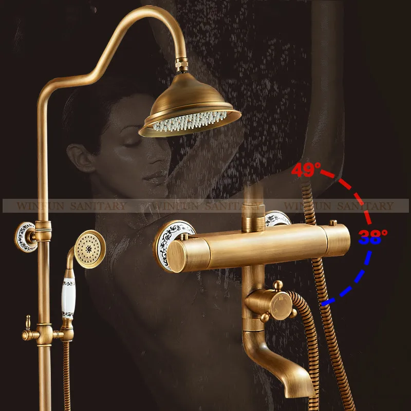 

Vidric смесители для душа настенный термостатический смеситель для душа кран античная латунь двойная ручка со скользящей штангой душ для ванной комнаты