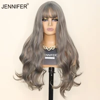 synthetic long wavy wig female natural hair bangs cosplay party daily high temperature fiber greyblack color full mechanism wig