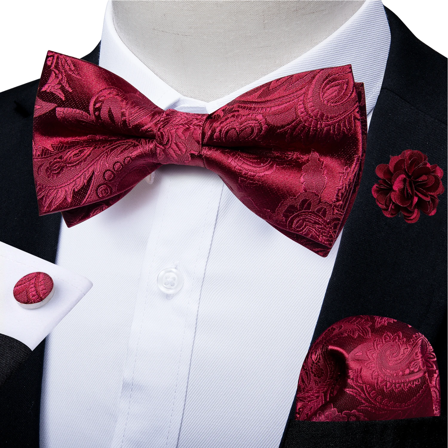 

Wedding Bow Tie for Men Classic Red Pre-tied Bowtie Cufflinks Corsage Set for Party Silk Butterfly Knot Gift Man Accessories