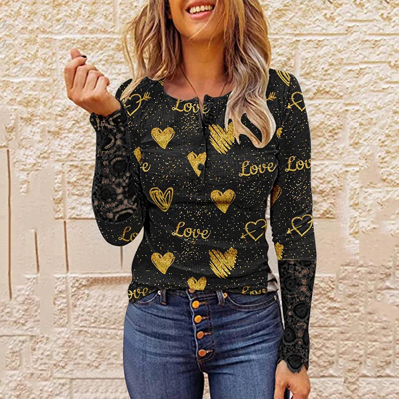 

2022 New Plus Size Love Color Printing Ladies T-shirt Buttoned O-neck Lace Long-sleeved Loose Casual Ladies Fashion Top