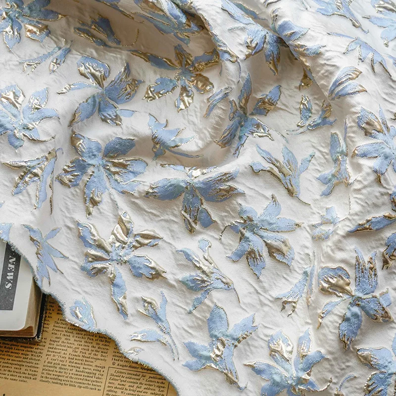 

Light Blue Gold Silk Embossed Flowers Classic Literary Style Fabric Dress Women's Bouquet Elegant Decorative Fabric