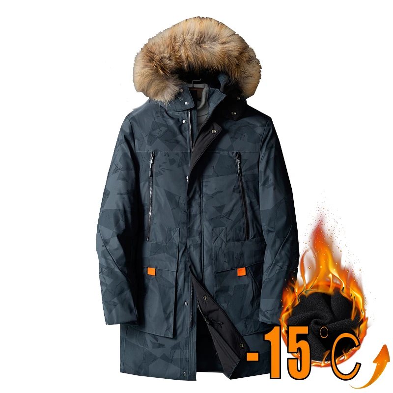 Winter Down Jackets Men Camouflage Casual Long Parkas Mens Fur Hooded White Down Coat Brand Clothing Thick Warm Male Windbreaker