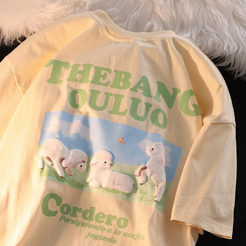 

Kawaii T Shirt Women Sweet Lamb Print Summer Casual Short Sleeve Women's T-shirt Korean Fashion Student Woman Clothes