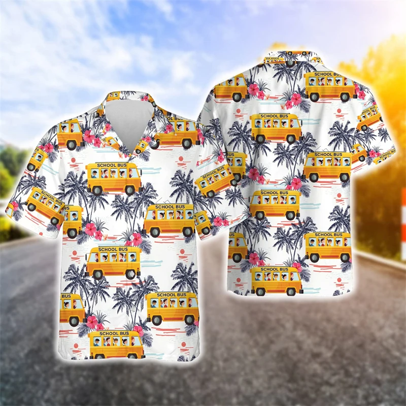 School Bus 3D Printed Shirts For Men Clothes Cartoon Car Driver Graphic Beach Shirt Funny Gift Aloha Lapel Blouse Hawaiian Tops