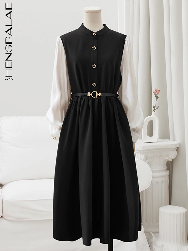 

SHENGPALAE элегантное шикарное платье для женщин в Корейском стиле элегантное черное платье с круглым вырезом и длинными рукавами на талии Vestido 2023 новая весенняя одежда R2092