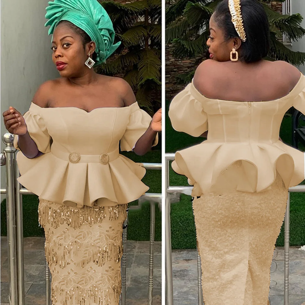 

Africa plus size women's 2020 autumn and winter new Christmas sequins collar strapless stitching slim dress dress