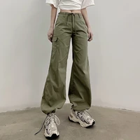 drawstring low waist y2k wide leg trousers women retro green pockets streetwear cargo pants casual harajuku joggers 90s
