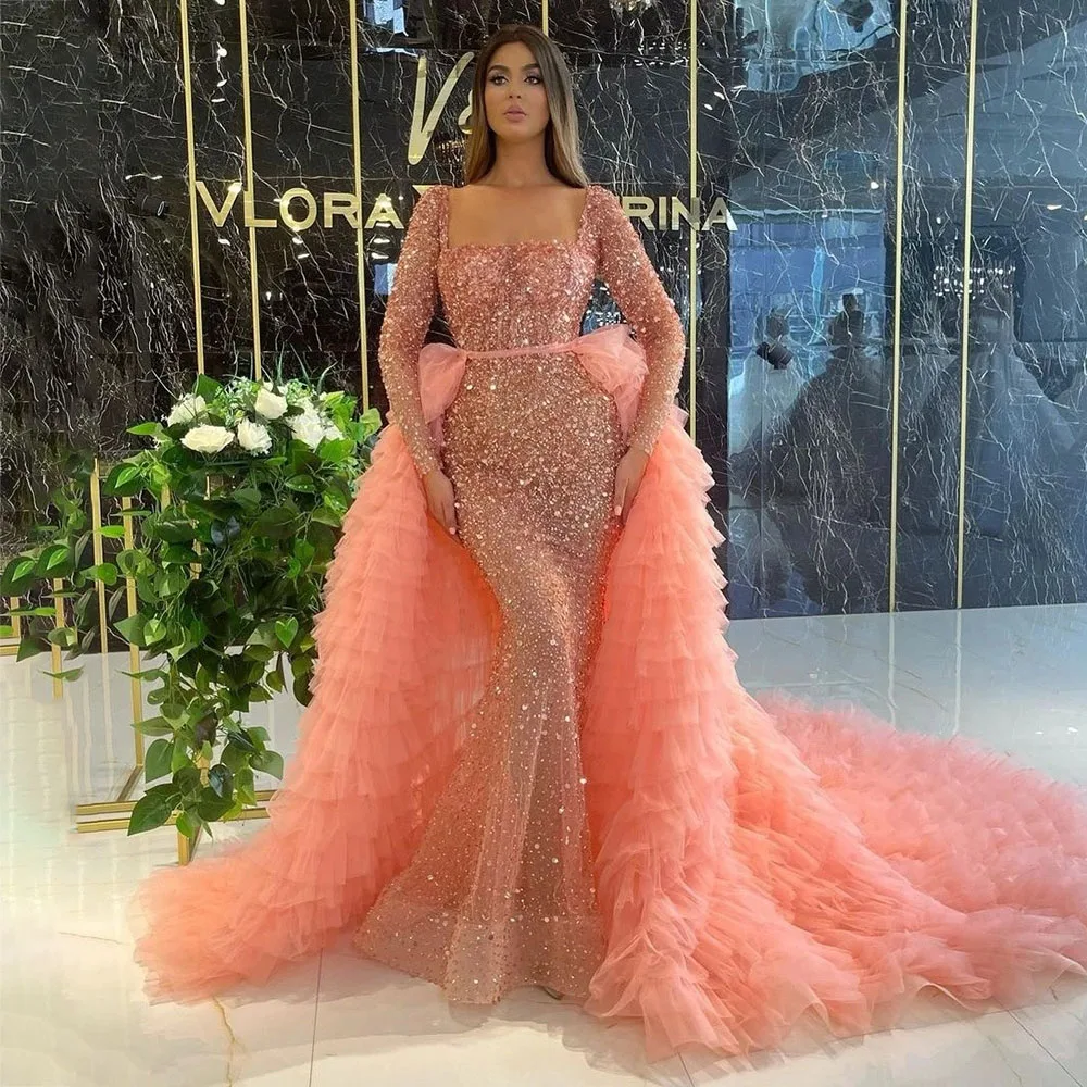 

Luxury Prom Dresses 2023 Beaded Sequins Sparkle Mermaid Evening Gowns Detachable Train Long Sleeves Crystals Formal Gown