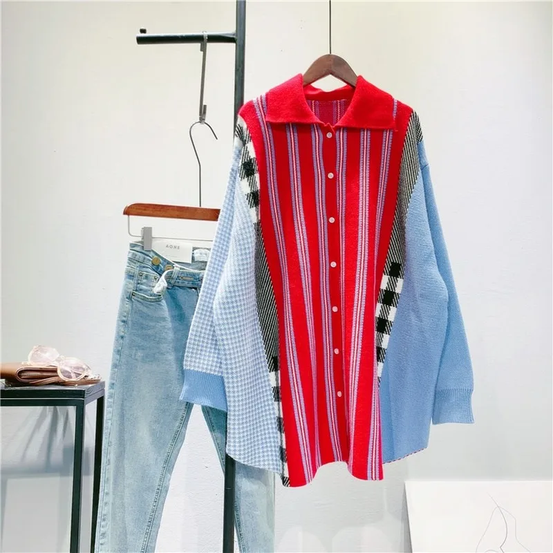 Повседневный свитер WAKUTA в полоску кардиган свободного кроя с отложным