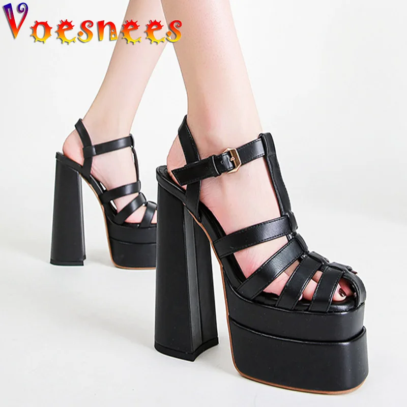 

Spring Summer Runway Women Sandals Black Square Head Hollow Out Chunky Heel Shoes Fashion Weave Vamp Buckle Strap Heels Pumps