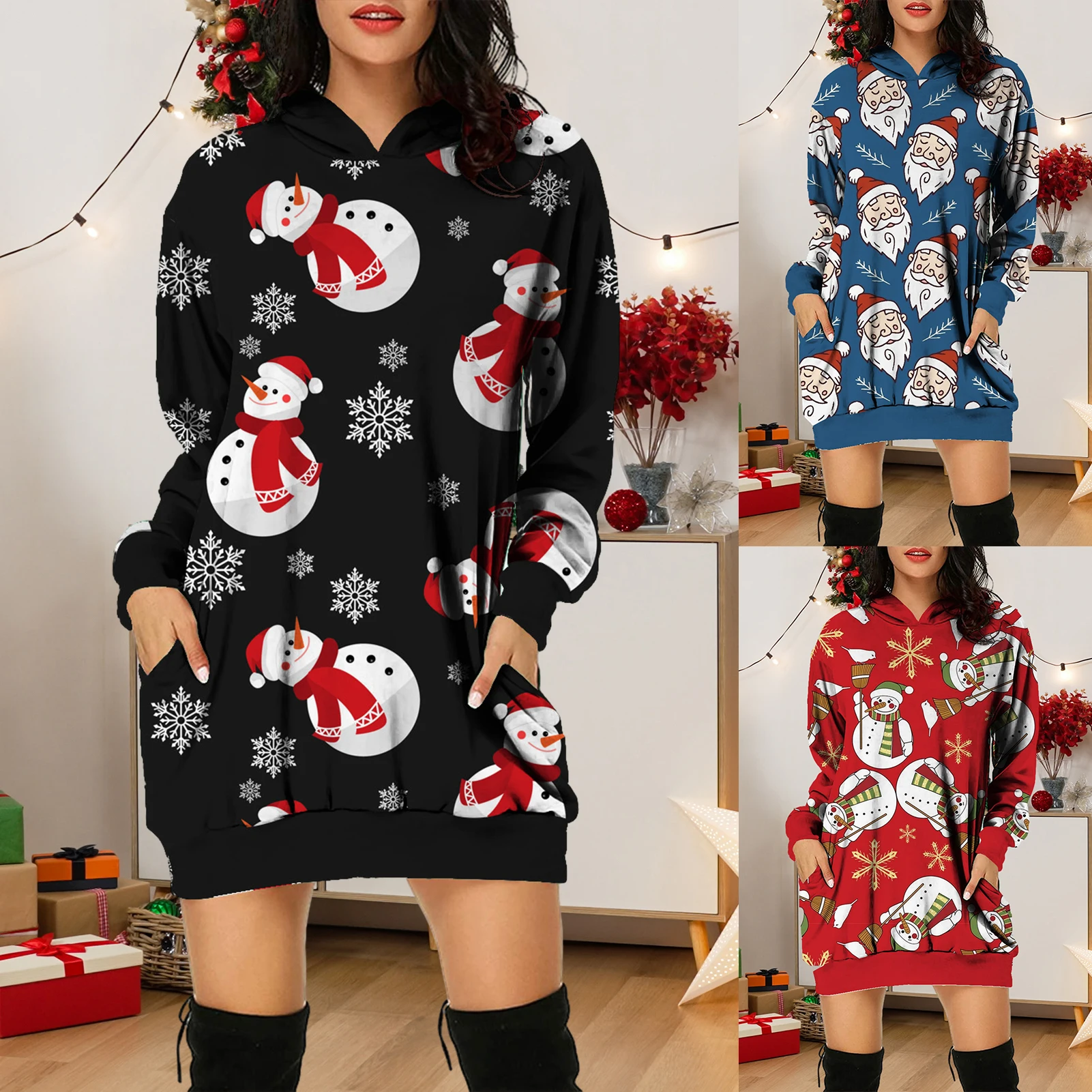 

Women Christmas Printed Sweatshirt Cartoon Casual Pocket Hoodie Long Sleeve Sweat Tops Oversized Pullover Hoodie Party Clubwear