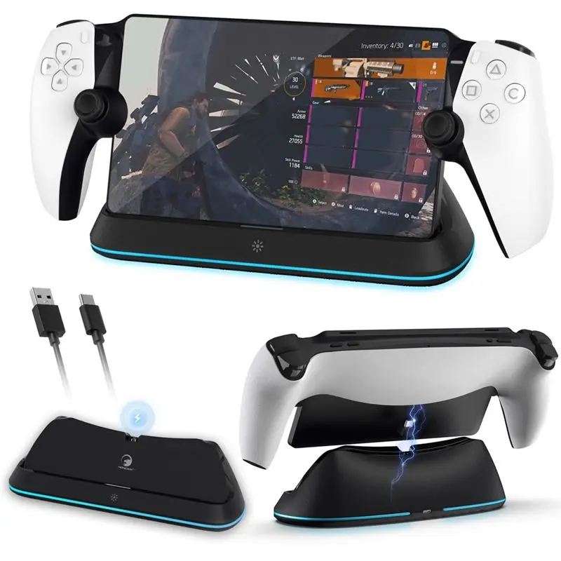 Фото Зарядная док-станция HONCAM для Playstation Portal с 7 режимами RGB-подсветки, подставка для зарядки игровой консоли с тройной защитой №2