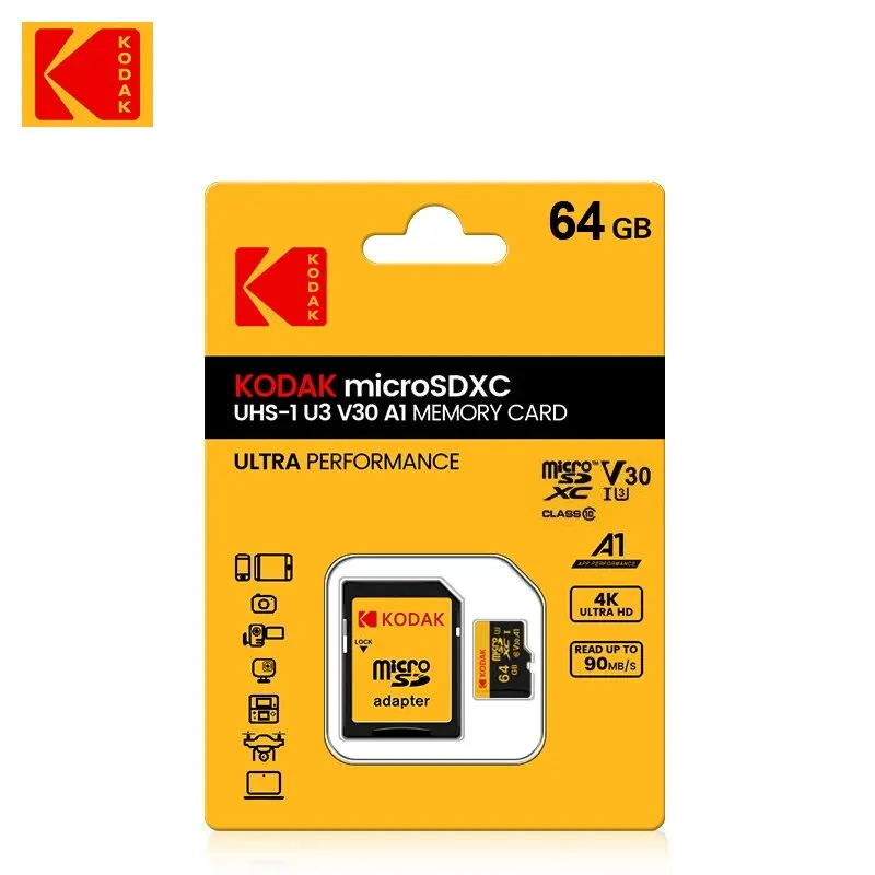 Карта памяти Kodak Micro SD класса 10 U3 512 ГБ 256 128 64 32 TF-карта 4K HD для адаптера USB-кардридера