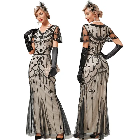 Женское винтажное платье в стиле 1920-х годов, длинное Сетчатое платье макси в стиле Великий Гэтсби с V-образным вырезом и коротким рукавом, украшенное бусинами и блестками, в стиле арт-деко, для вечерние