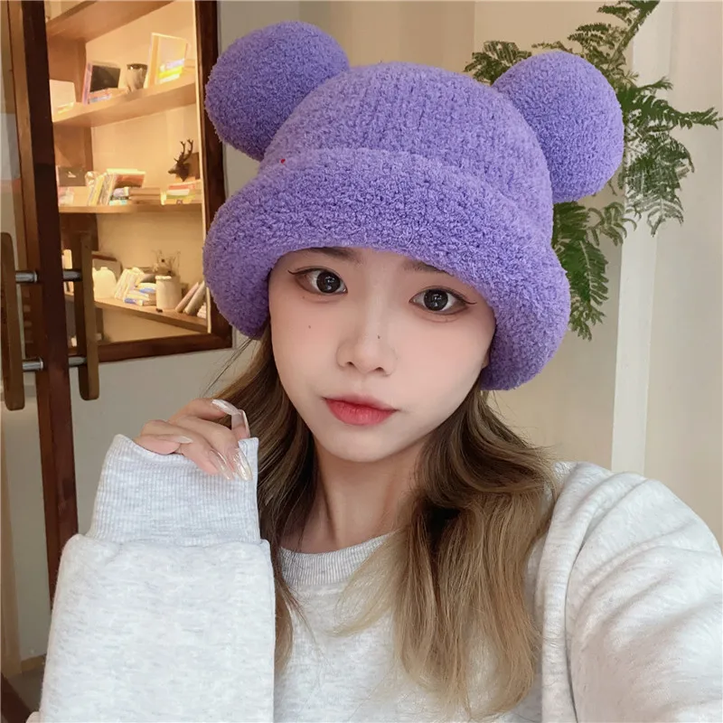 

Корейские женские кепки ярких цветов, Плюшевые Пушистые головные уборы с милыми медвежьими ушками, коралловые бархатные зимние Утепленные ...