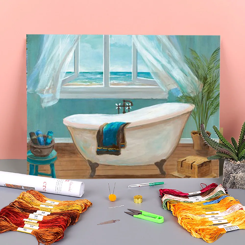 

Landscape Bathroom Printed Fabric 11CT Cross-Stitch DIY Embroidery Complete Kit DMC Threads work Handmade Different