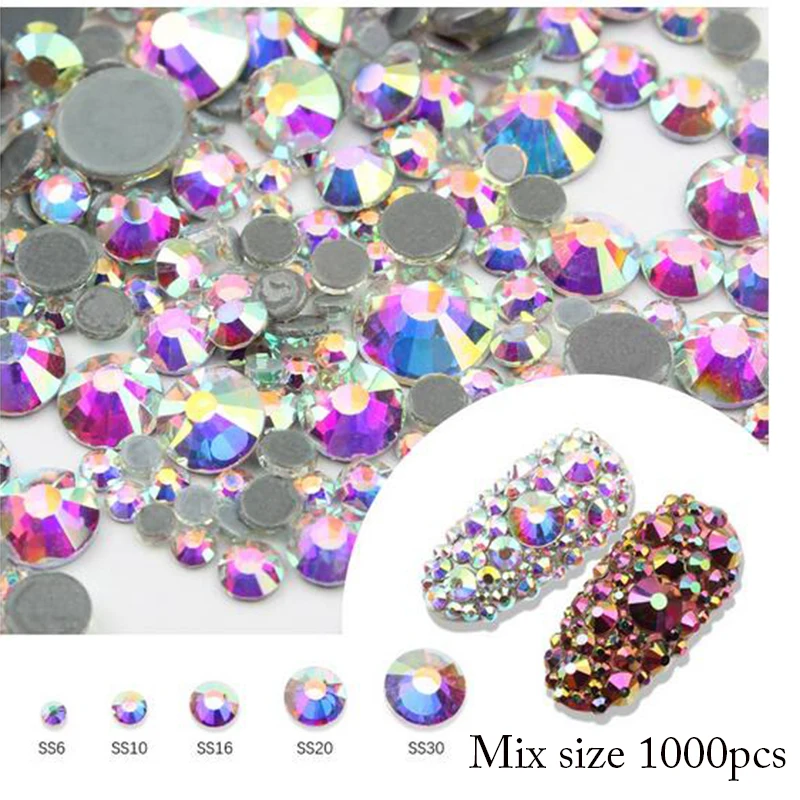 

High Quality Crystal AB/clear SS6-SS30 Mix-size 1000PCS Hot Fix Rhinestones Flatback Rhinestone Glitter Iron on